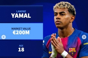 德转列16-25岁各年龄最高身价：亚马尔2亿，贝林、哈兰德均1.8亿