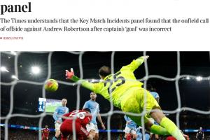 误判！泰晤士报：英超专家组裁定，范戴克对曼城进球应判有效